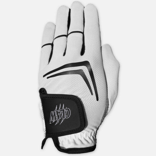 White golf glove with black accents on a white background