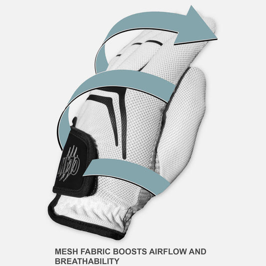 Glove with mesh fabric highlighted, showing airflow improvement.