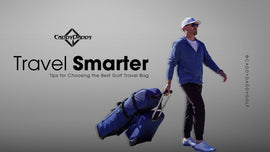 man walking with golf travel bag and golf travel duffel