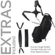 Black golf bag with shoulder strap and cart strap sleeve on a white background