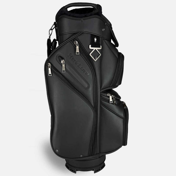 Black golf bag with a visible brand logo on a white background