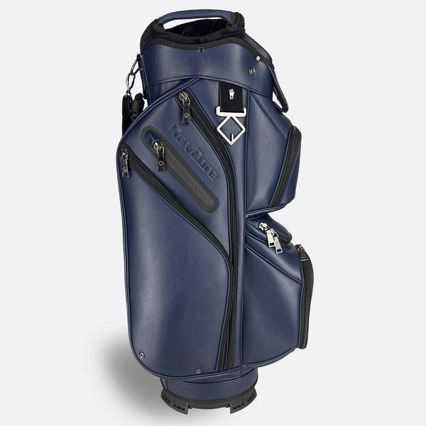 Blue golf bag with black accents on a white background