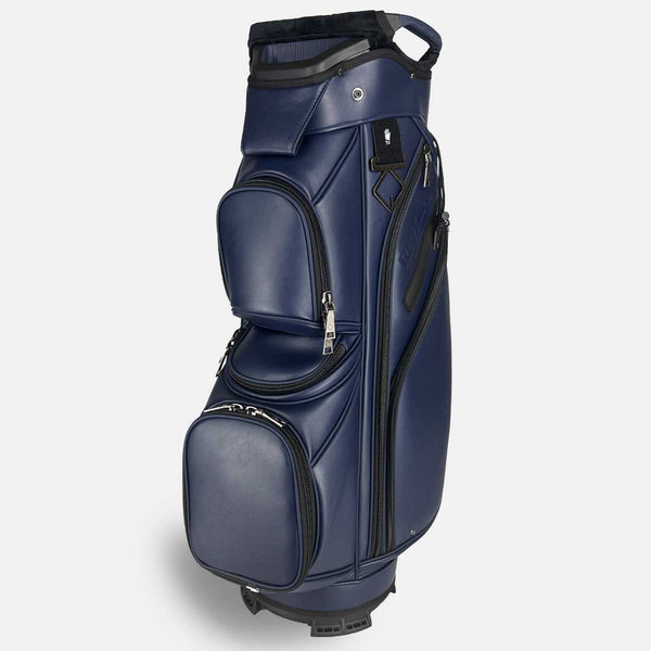 Blue golf bag with black accents on a light gray background