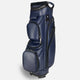 Blue golf bag with black accents on a light gray background