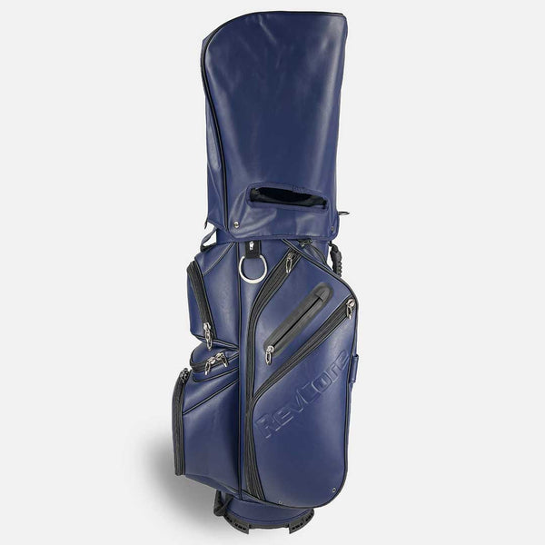 Blue golf bag with black accents on a white background
