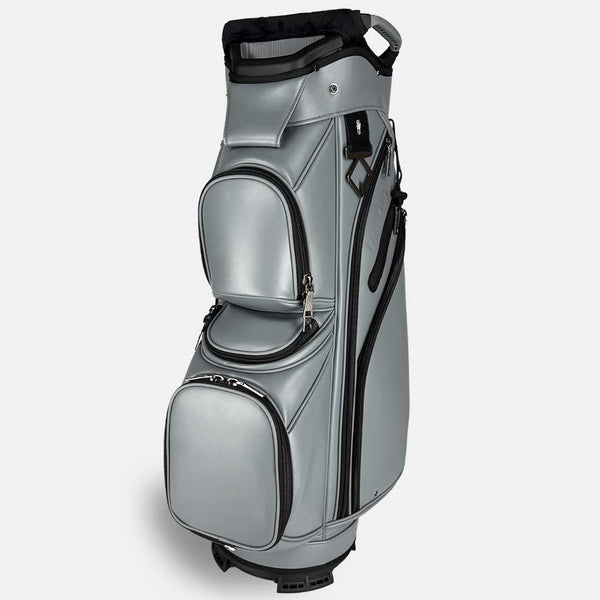 Silver golf bag with black accents on a white background