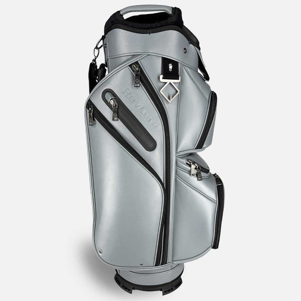Silver golf bag with black accents on a white background