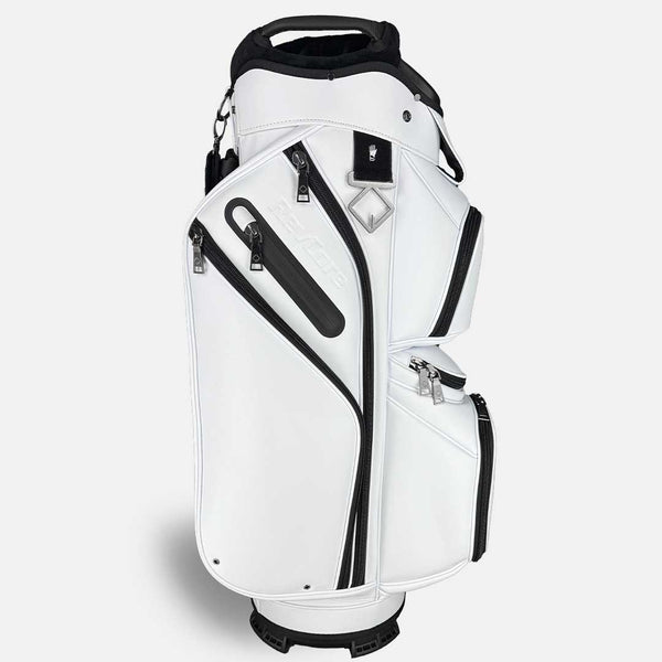 White golf bag with black accents on a white background