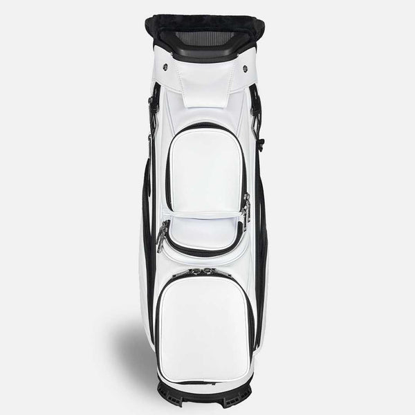 White golf bag with black accents on a white background