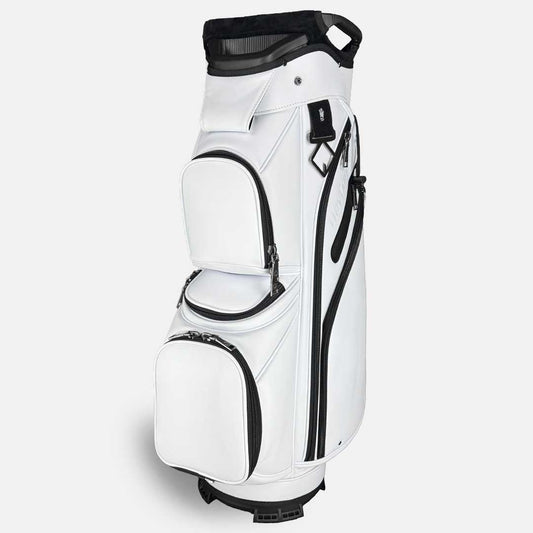 White golf bag with black accents on a light gray background