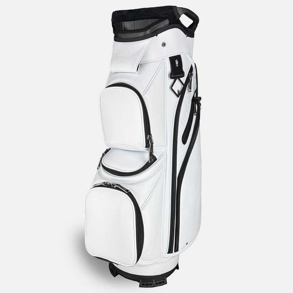 White golf bag with black accents on a light gray background