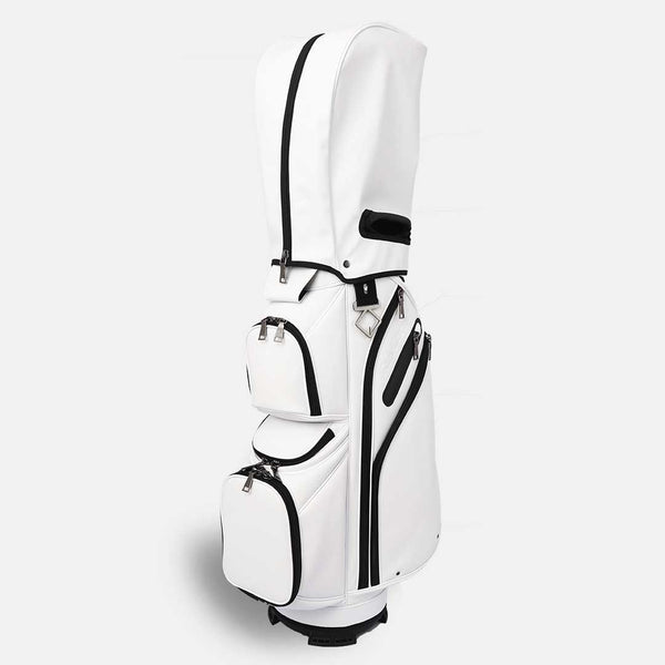White golf bag with black accents on a light gray background
