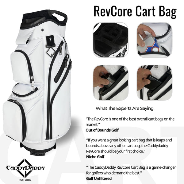 White golf cart bag with black accents, featuring CaddyDaddy branding and expert reviews.
