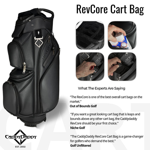 Black RevCore golf cart bag with CaddyDaddy branding and expert reviews on a white background.