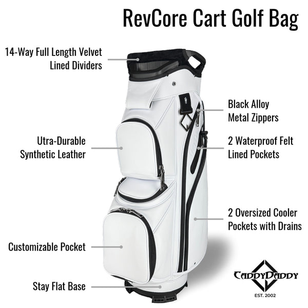 White golf bag with black accents and features labeled on a white background, featuring the CaddyDaddy brand.