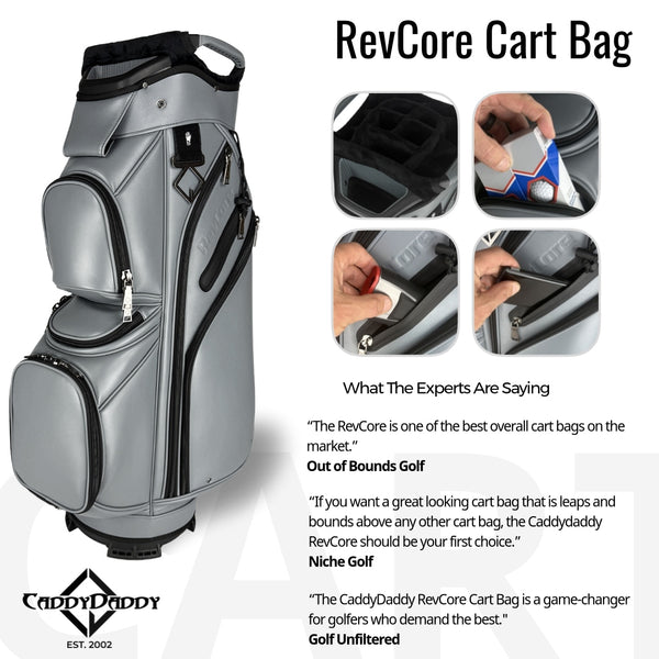 Gray golf cart bag with black accents, featuring CaddyDaddy branding and expert reviews.