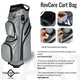 Gray golf cart bag with black accents, featuring CaddyDaddy branding and expert reviews.