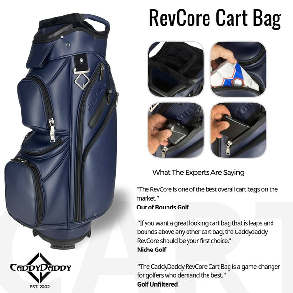 Navy blue golf cart bag with features and expert opinions displayed on a white background