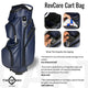 Navy blue golf cart bag with features and expert opinions displayed on a white background