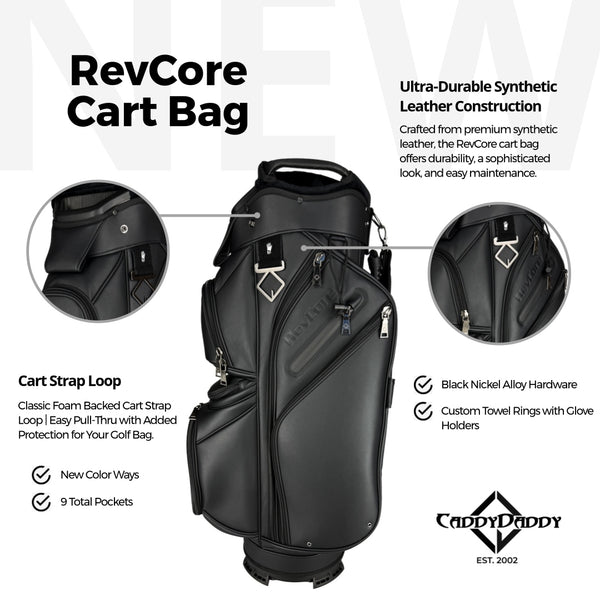 Black golf cart bag with features highlighted on a white background