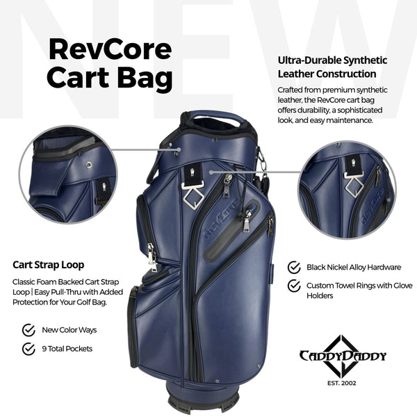 Blue golf cart bag with features highlighted on a white background, featuring Caddy Daddy branding.