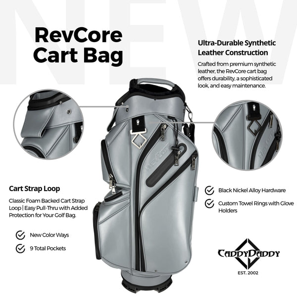 CaddyDaddy RevCore Cart Bag with features highlighted on a white background