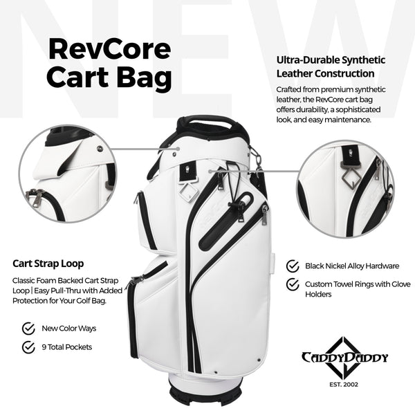 White golf cart bag with black accents, featuring Caddy Daddy branding and product details.