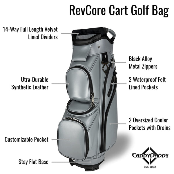RevCore Cart Golf Bag with features labeled on a white background