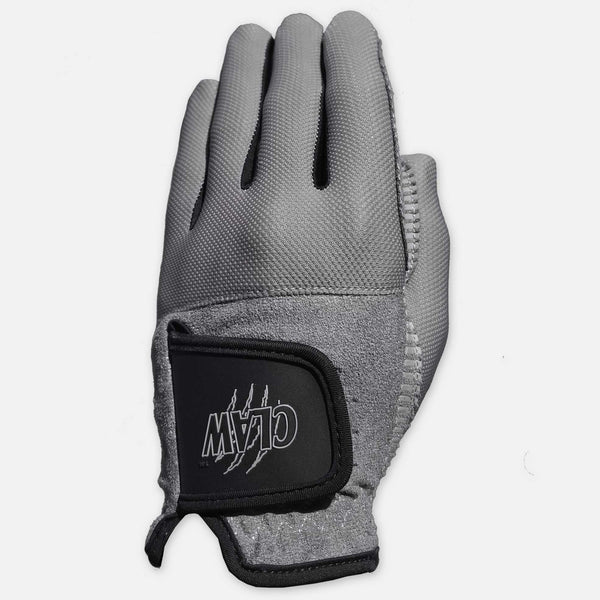 Gray glove with a black patch featuring a logo on a white background