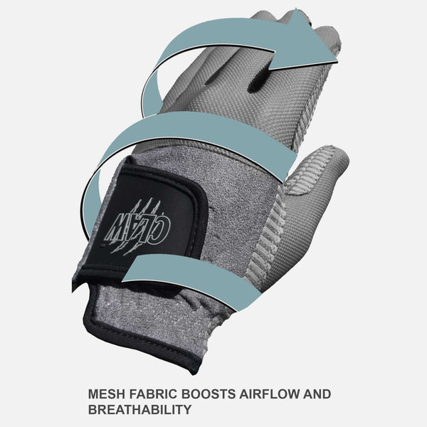 Gray glove with mesh fabric and breathable design on a light gray background