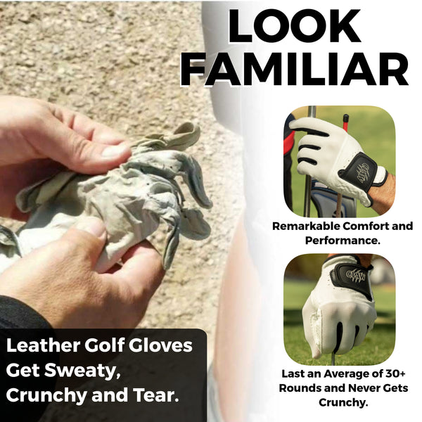 Advertisement for leather golf gloves showing a hand holding a worn-out glove and a new glove with text about comfort and performance.