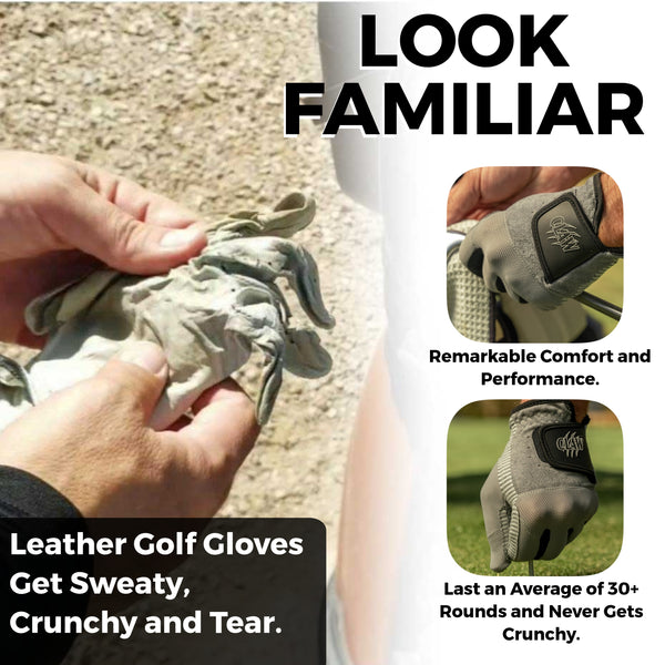 Advertisement for leather golf gloves showing a hand holding a worn glove and text about comfort and performance.