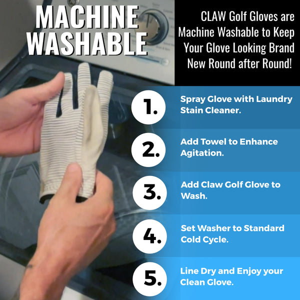CLAW Golf Gloves machine washability guide with text and image of a person holding a glove.