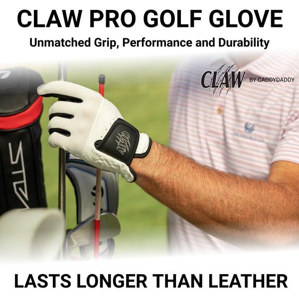 CLAW Pro golf glove being worn on a golfer's hand with golf club and grass background