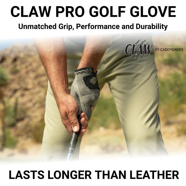 Golf glove being worn on a golf club with text highlighting features and brand.