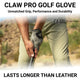 Golf glove being worn on a golf club with text highlighting features and brand.