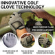 Golf glove with text highlighting innovative technology and features, set against a blurred golf course background.