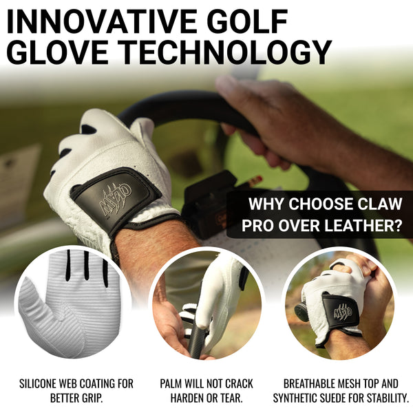Golf glove with text highlighting innovative technology and features, set against a blurred golf course background.