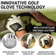 Golf glove with text highlighting innovative technology and features, set against a blurred golf course background.