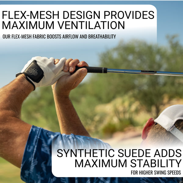 Person holding a golf club with text about flex-mesh design and synthetic suede stability.