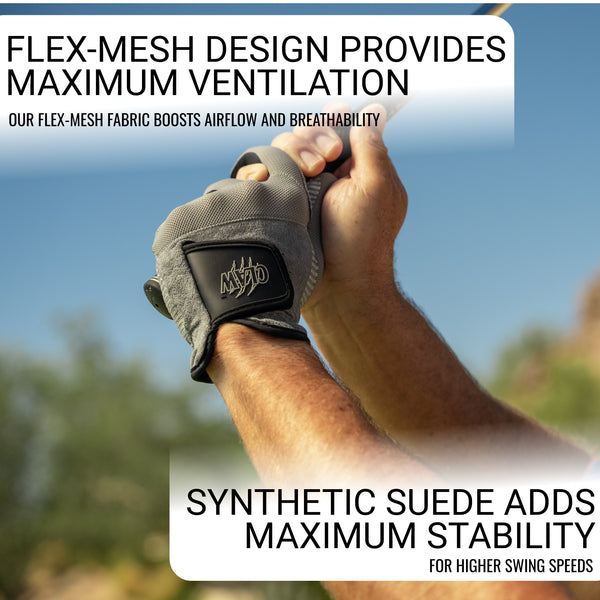 Golf glove with text highlighting flex-mesh design and synthetic suede stability