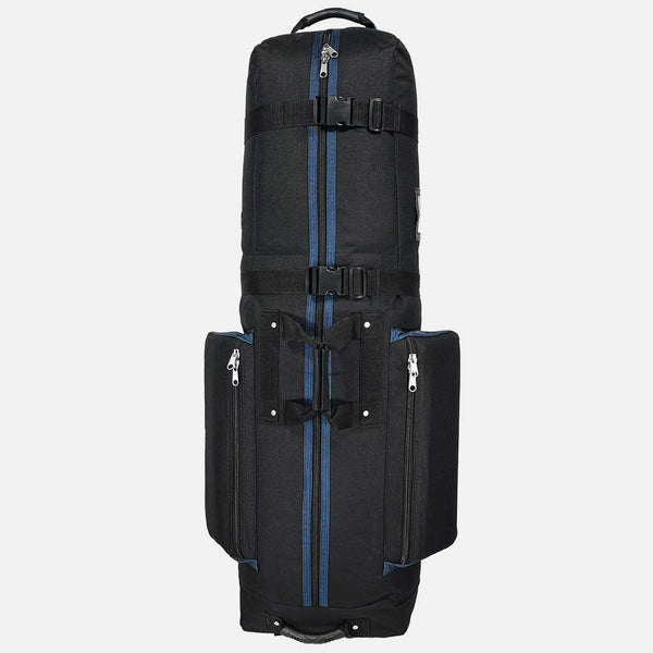Black and blue travel bag with multiple compartments on a white background