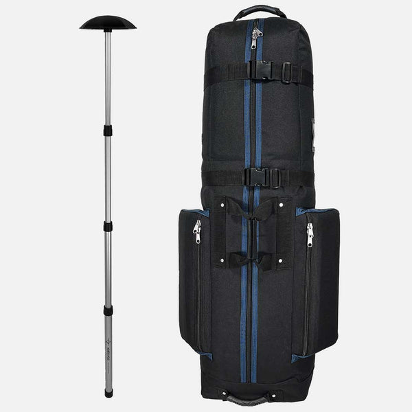 Black golf bag with blue accents and a golf club on a white background