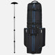 Black golf bag with blue accents and a golf club on a white background
