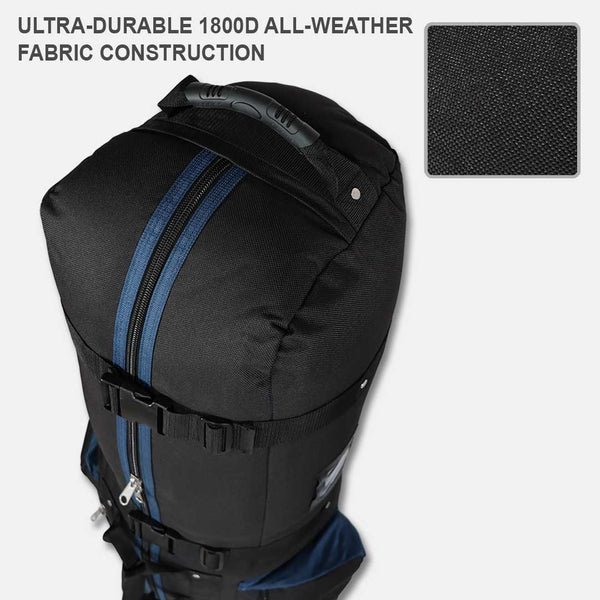Black backpack with blue zipper and text about ultra-durable 1800D all-weather fabric construction.