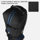 Black backpack with blue zipper and text about ultra-durable 1800D all-weather fabric construction.