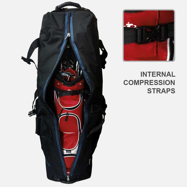 Black golf bag with red golf clubs and inset showing internal compression straps.