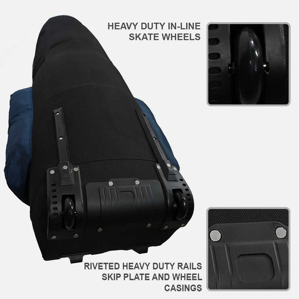 Black seat with heavy-duty in-line skate wheels and riveted heavy-duty rails on a white background.