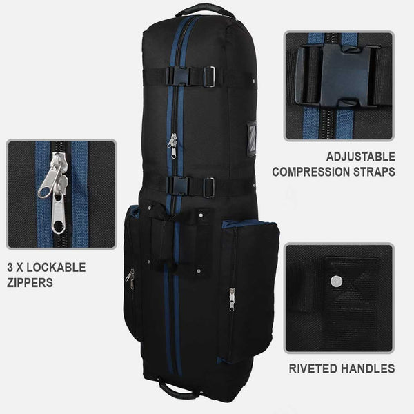 Black travel bag with blue accents, featuring adjustable compression straps, lockable zippers, and riveted handles on a white background.