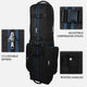 Black travel bag with blue accents, featuring adjustable compression straps, lockable zippers, and riveted handles on a white background.